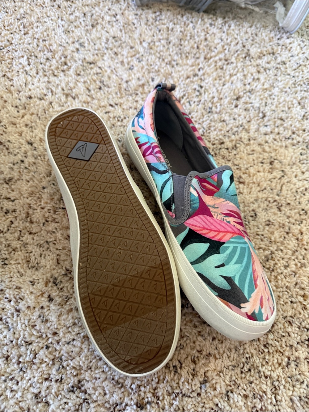 Sperry Women's Slip-On Boat Shoes in Teal, Pink and Coral Leaf Print - Picture 3 of 3